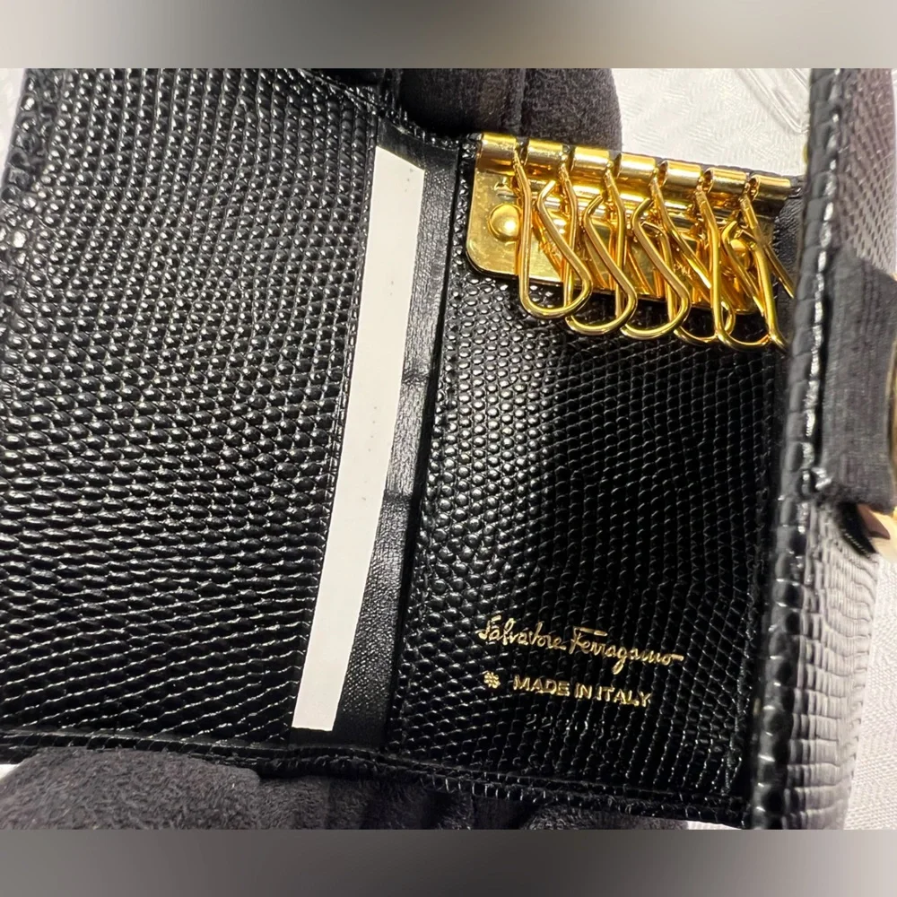 Salvatore Ferragamo Vara Black Lizard Embossed Leather Key Case